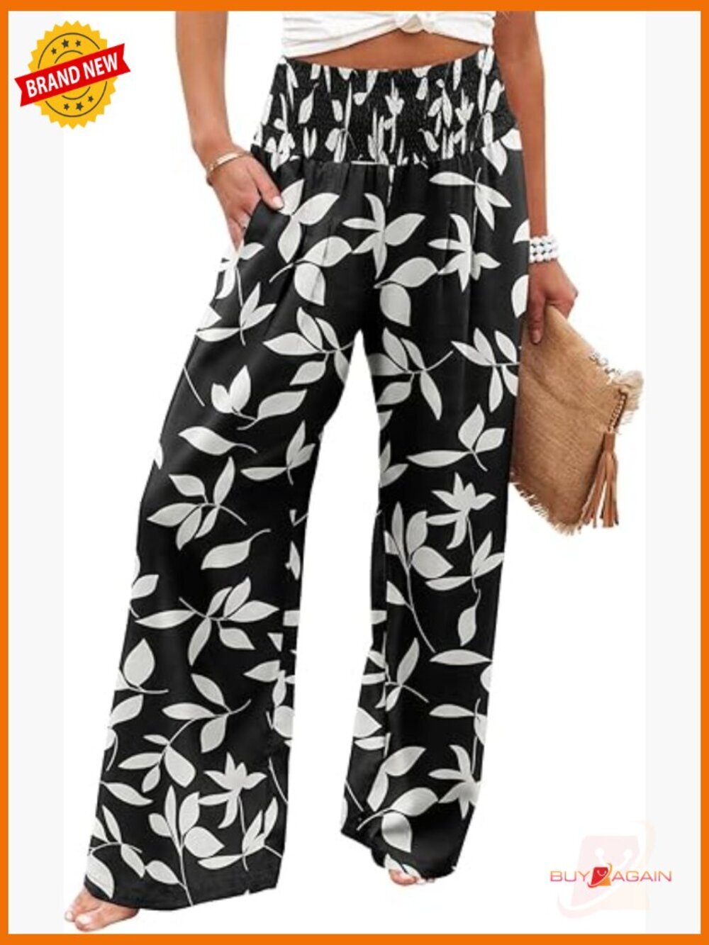 Elastic High Waisted Wide Leg Palazzo Pants with Pockets Casual Lounge